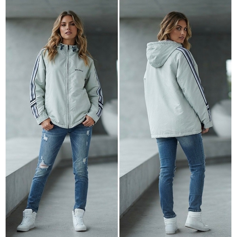 Rusty Womens Hooded Windbreaker Jacket Sage Green Quilted Lined Striped Large